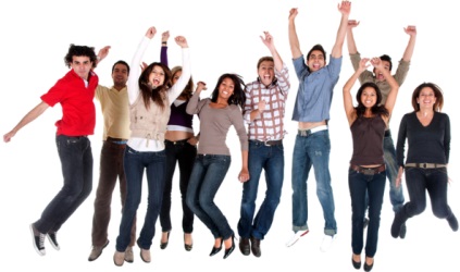 Casual group of excited friends with arms up isolated on white