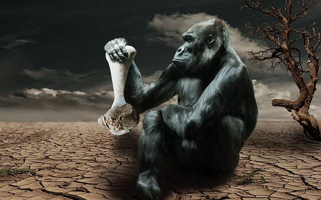 gorilla holding bone of dehydration victim