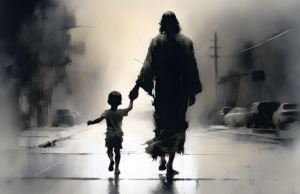 Jesus walking on the street while holding the hand of a child